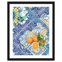 Mediterranean blue tiles, butterflies and citrus fruit