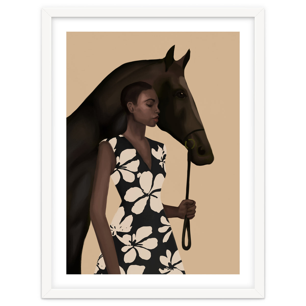 Woman In Bold Print With Black Horse
