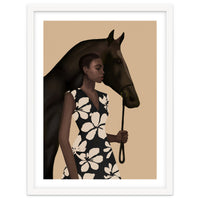 Woman In Bold Print With Black Horse