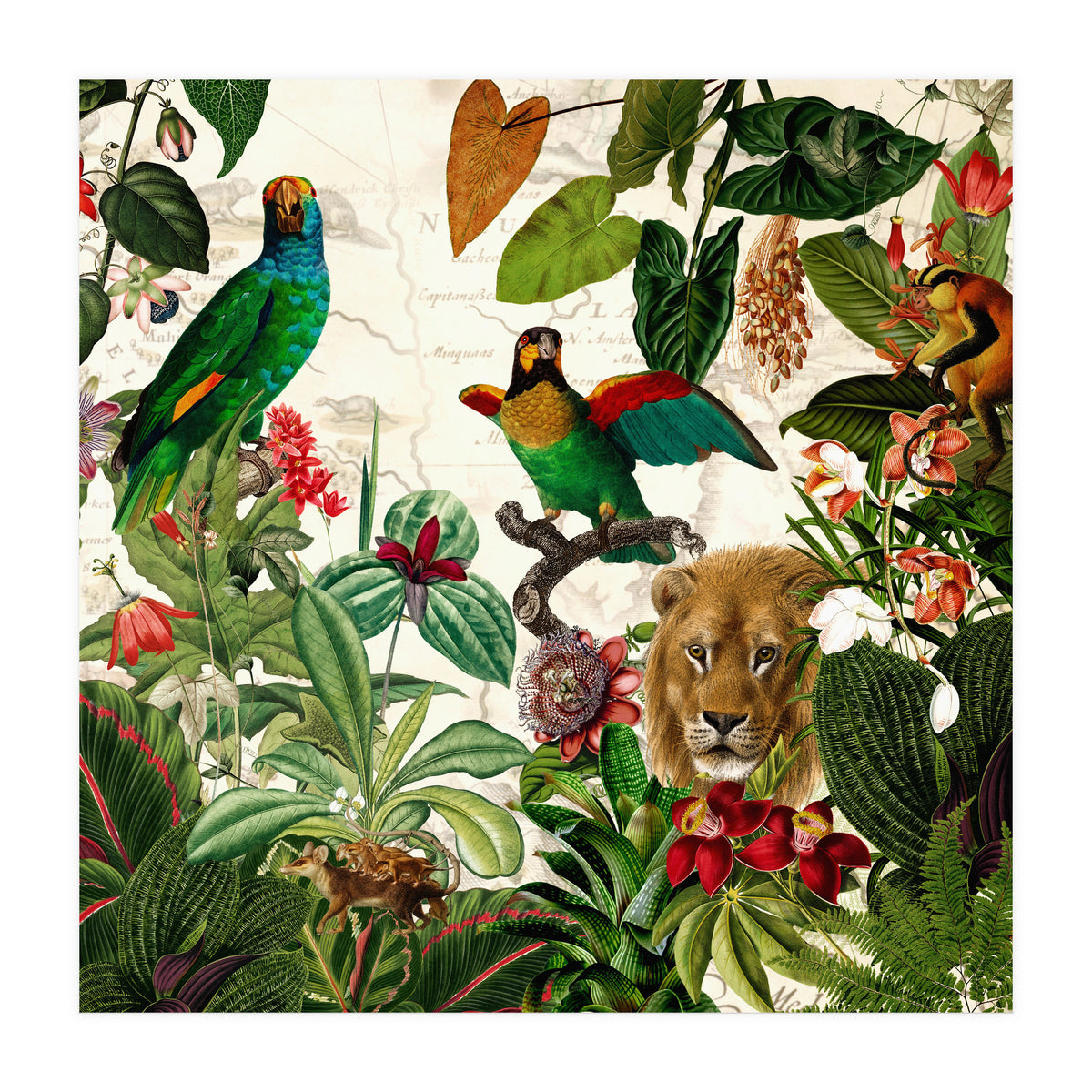 Exotic Lush Jungle And Wild Animals Landscape  (Print Only)