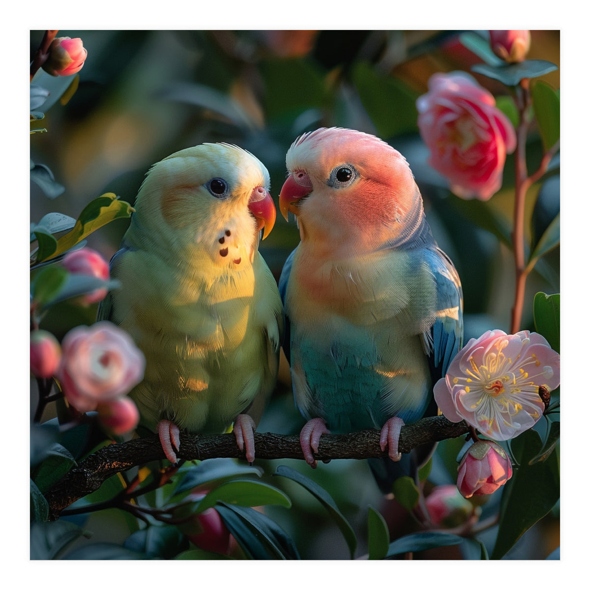 Two Lovebirds Perched On A Branch Near Flowers (Print Only)