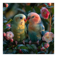 Two Lovebirds Perched On A Branch Near Flowers (Print Only)