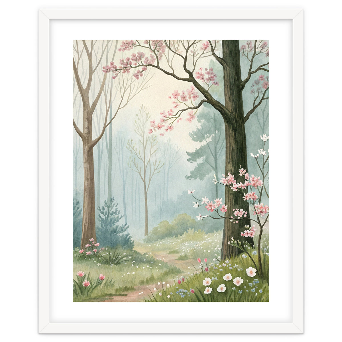 Enchanted Spring Woodland Path with Blooming Cherry Blossoms and Misty Pastel Forest Atmosphere