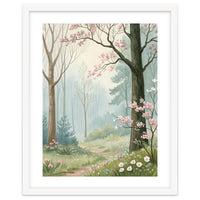 Enchanted Spring Woodland Path with Blooming Cherry Blossoms and Misty Pastel Forest Atmosphere
