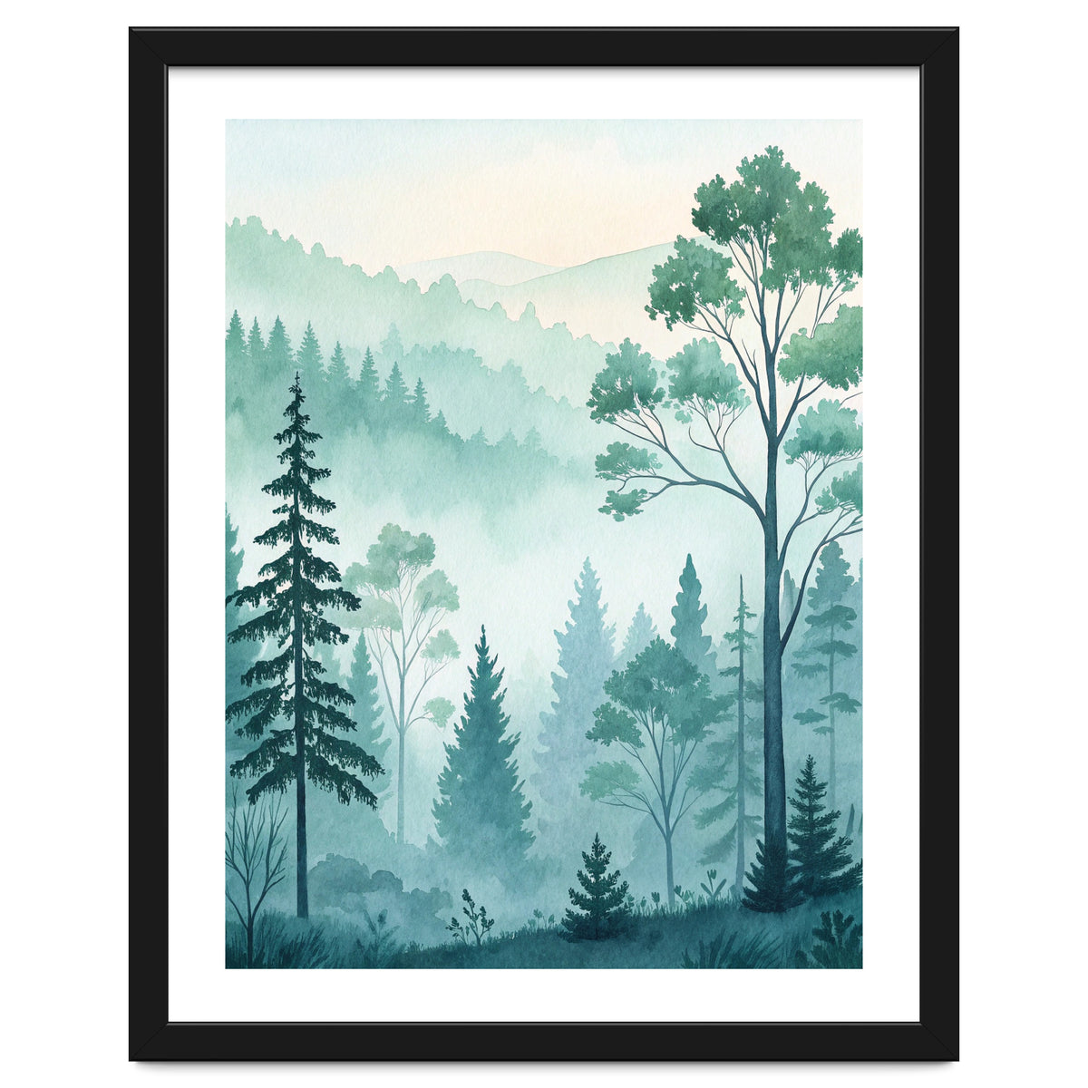 Ethereal Misty Pine Forest Watercolor Art