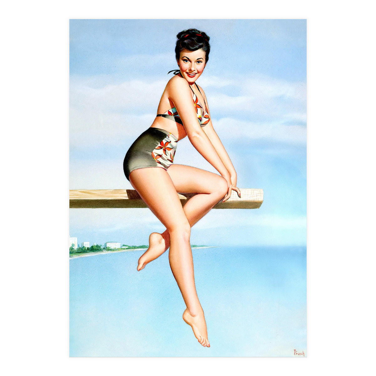 Smiling Sexy Pinup Girl Posing On A Board (Print Only)