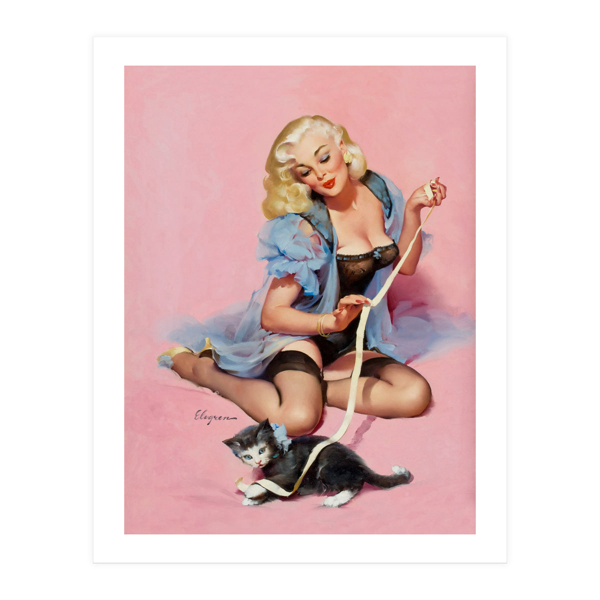 Sexy Pinup Girl Playing With Her Cat (Print Only)