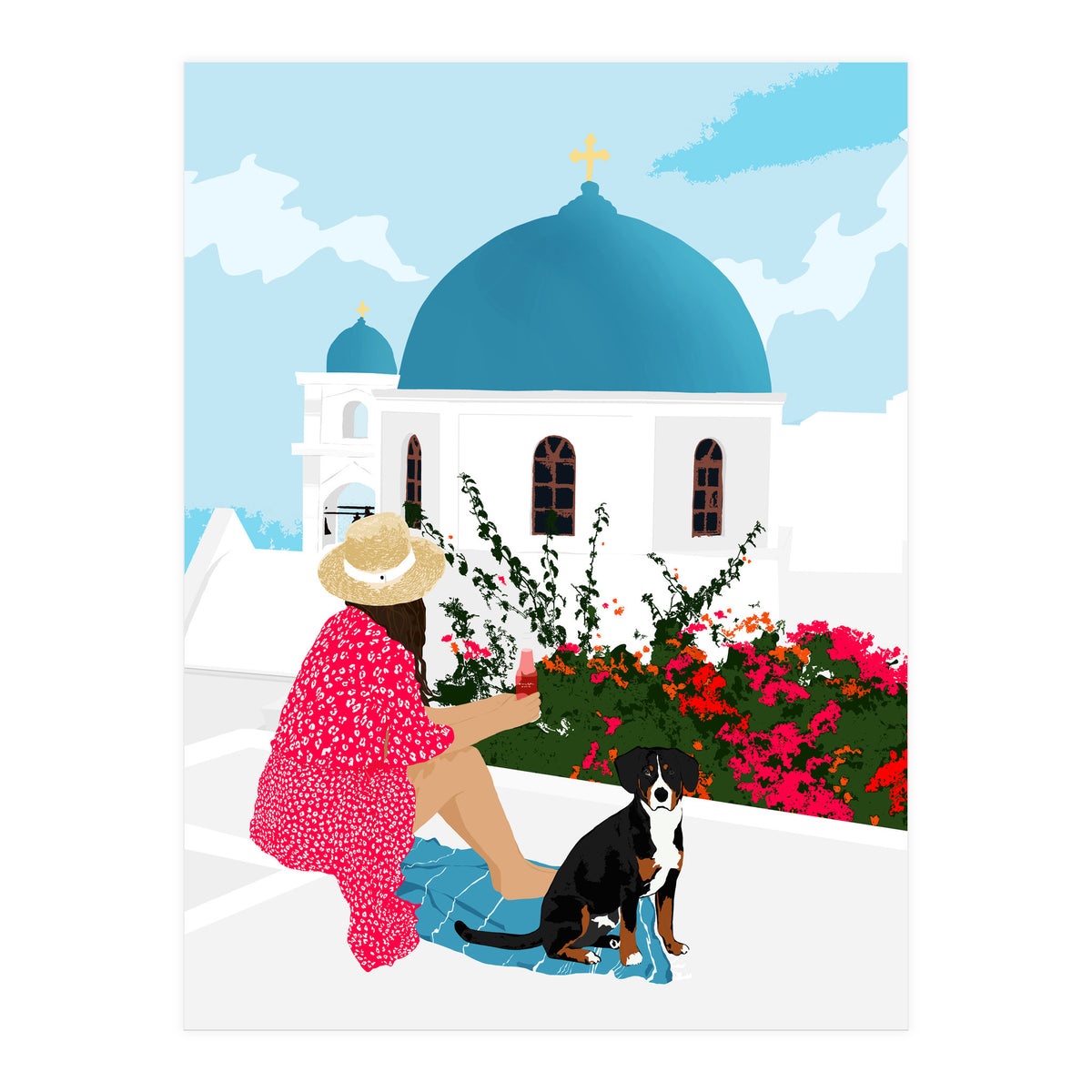 Greek Staycation, Pets Santorini Tropical Summer Travel, Dog White Buildings Architecture Fashion Bohemian (Print Only)