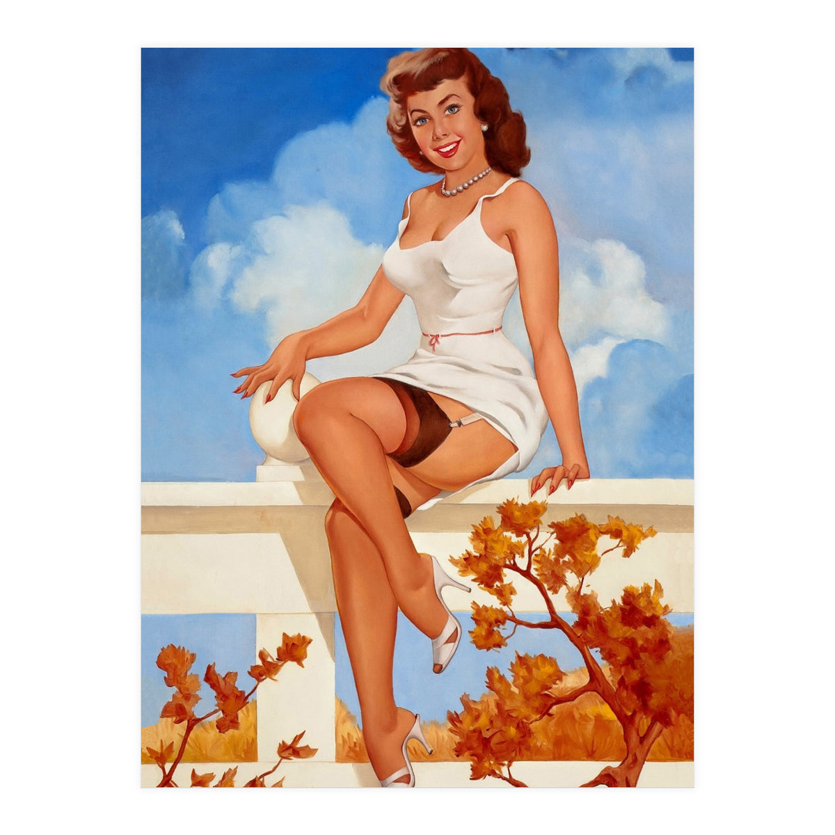 Beautiful Pinup Girl Posing On A Fence (Print Only)