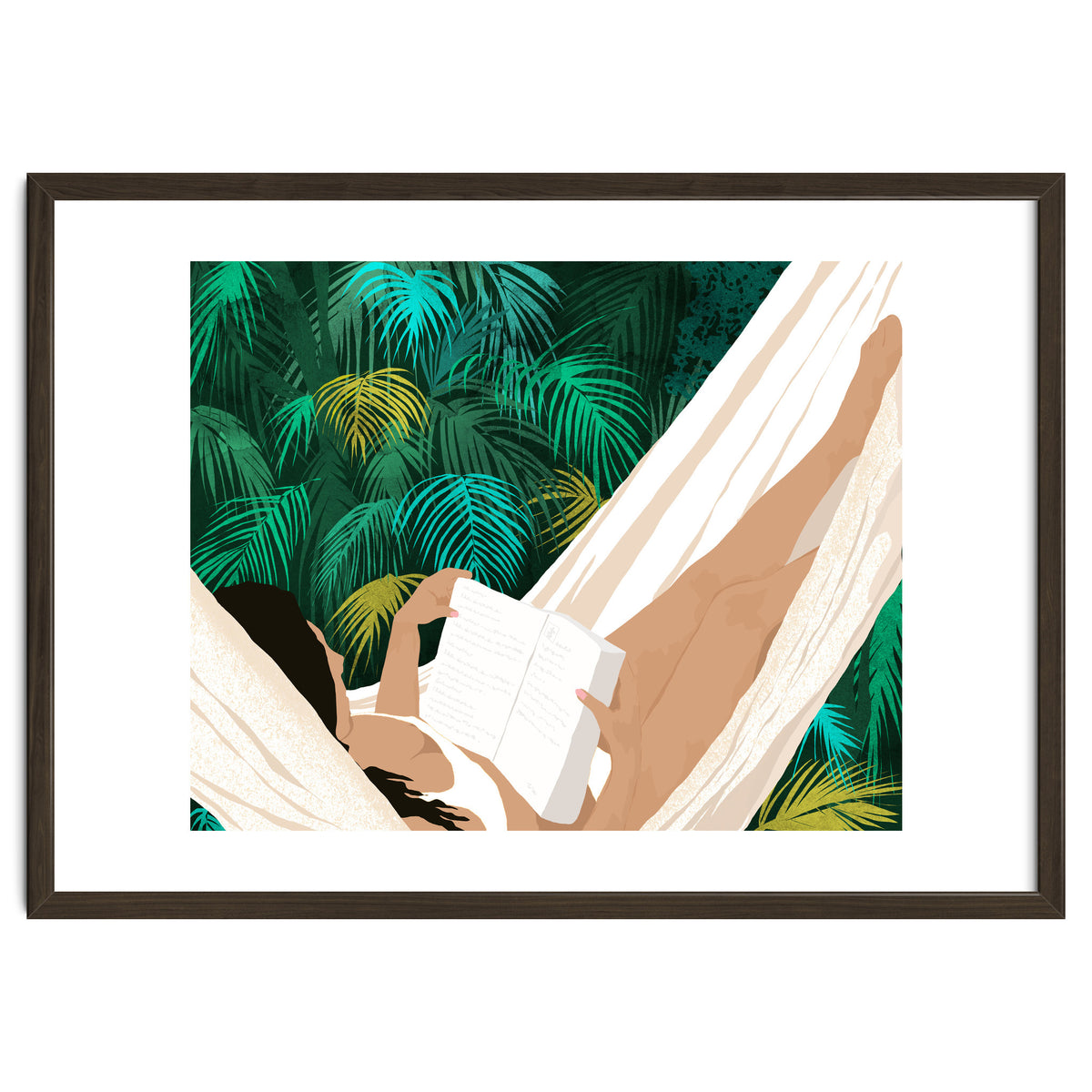 Summer Hammock Reading, Tropical Jungle Travel, Watercolor Nature Bohemian Forest Plants, Palm Beach