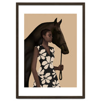 Woman In Bold Print With Black Horse