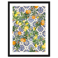 Blue Mediterranean tiles, lemons and oranges fruit