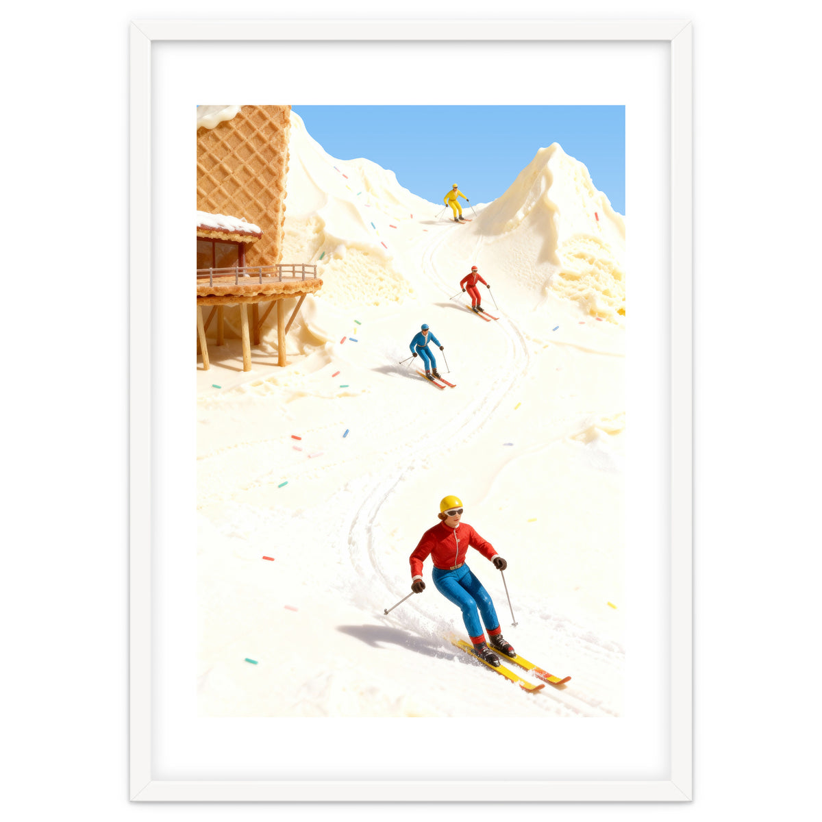 Skiing on Ice Cream Mountains, Miniature Skiers Winter Art Print for Kitchen Decor