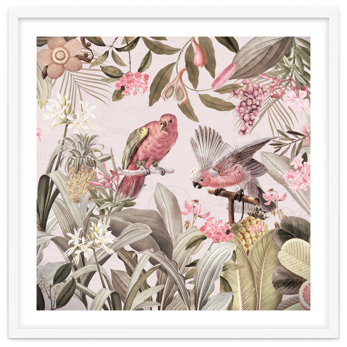 Colorful Parrots In Flower And Fruit Tropical Jungle