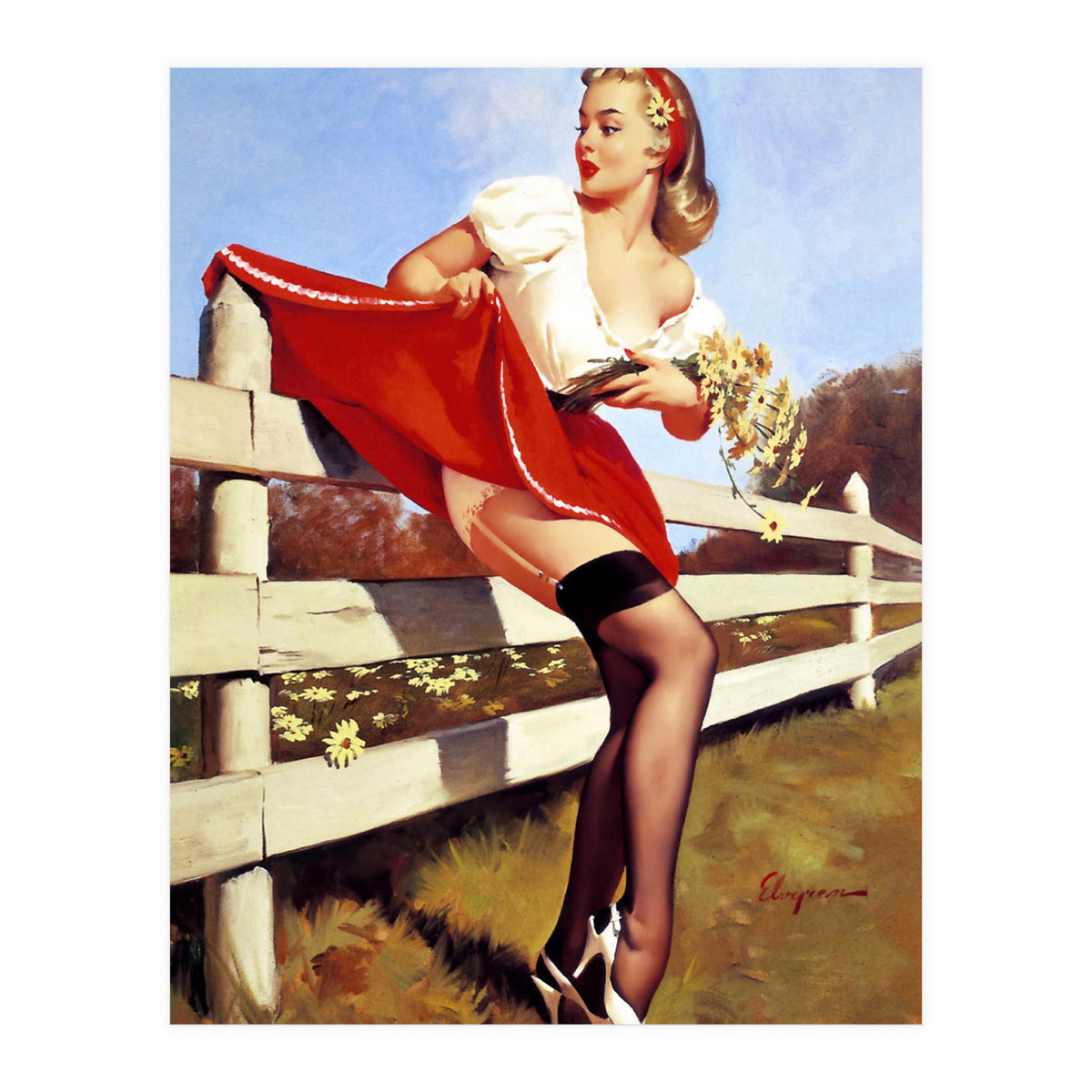 Pinup Girl Stacked On The Farm Fance (Print Only)