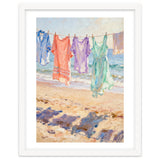 Laundry Drying by the Sea, Colorful Clothes on a Beach Clothesline, Coastal Summer Pastel Painting, Relaxing Ocean Shore Art Print thumbnail