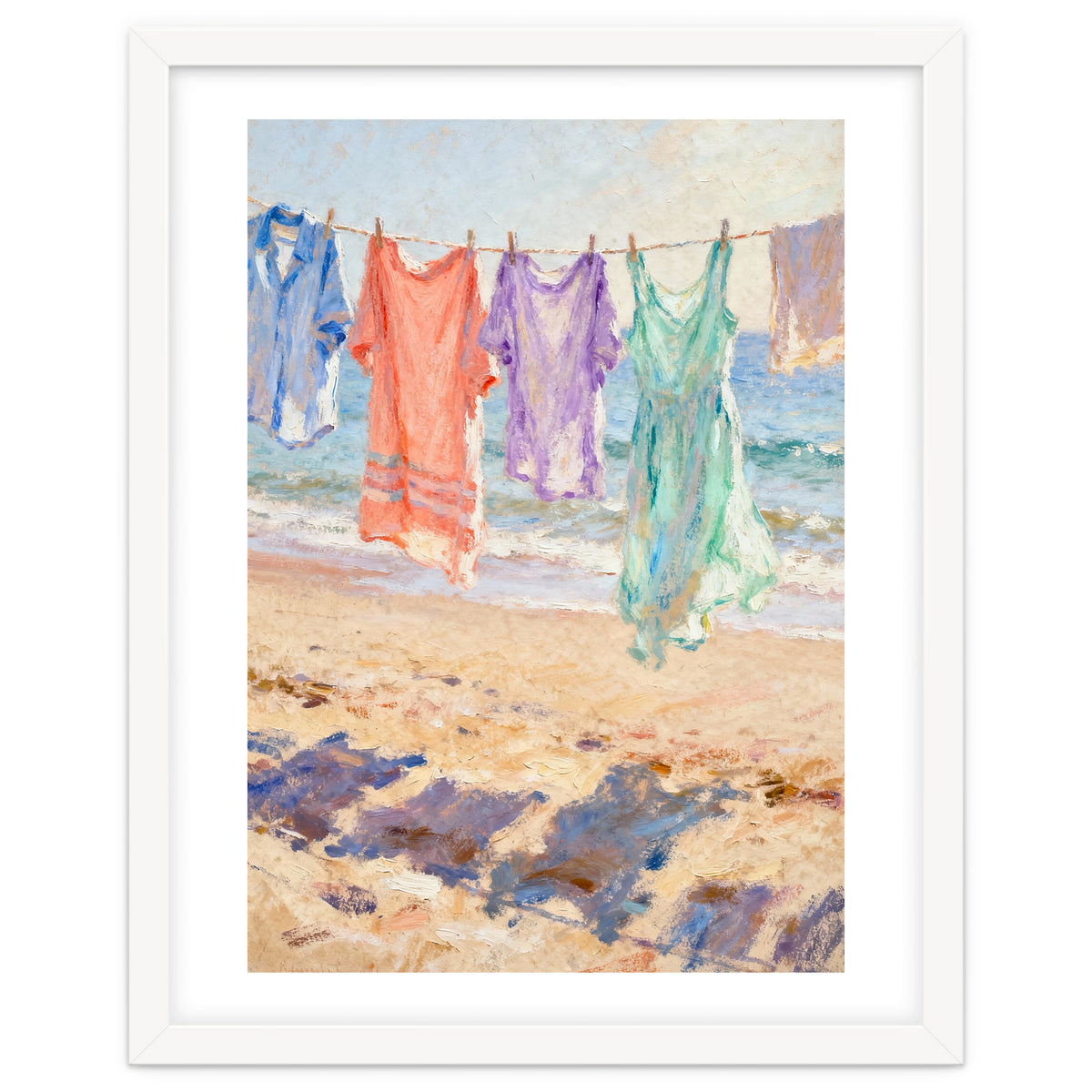 Laundry Drying by the Sea, Colorful Clothes on a Beach Clothesline, Coastal Summer Pastel Painting, Relaxing Ocean Shore Art Print