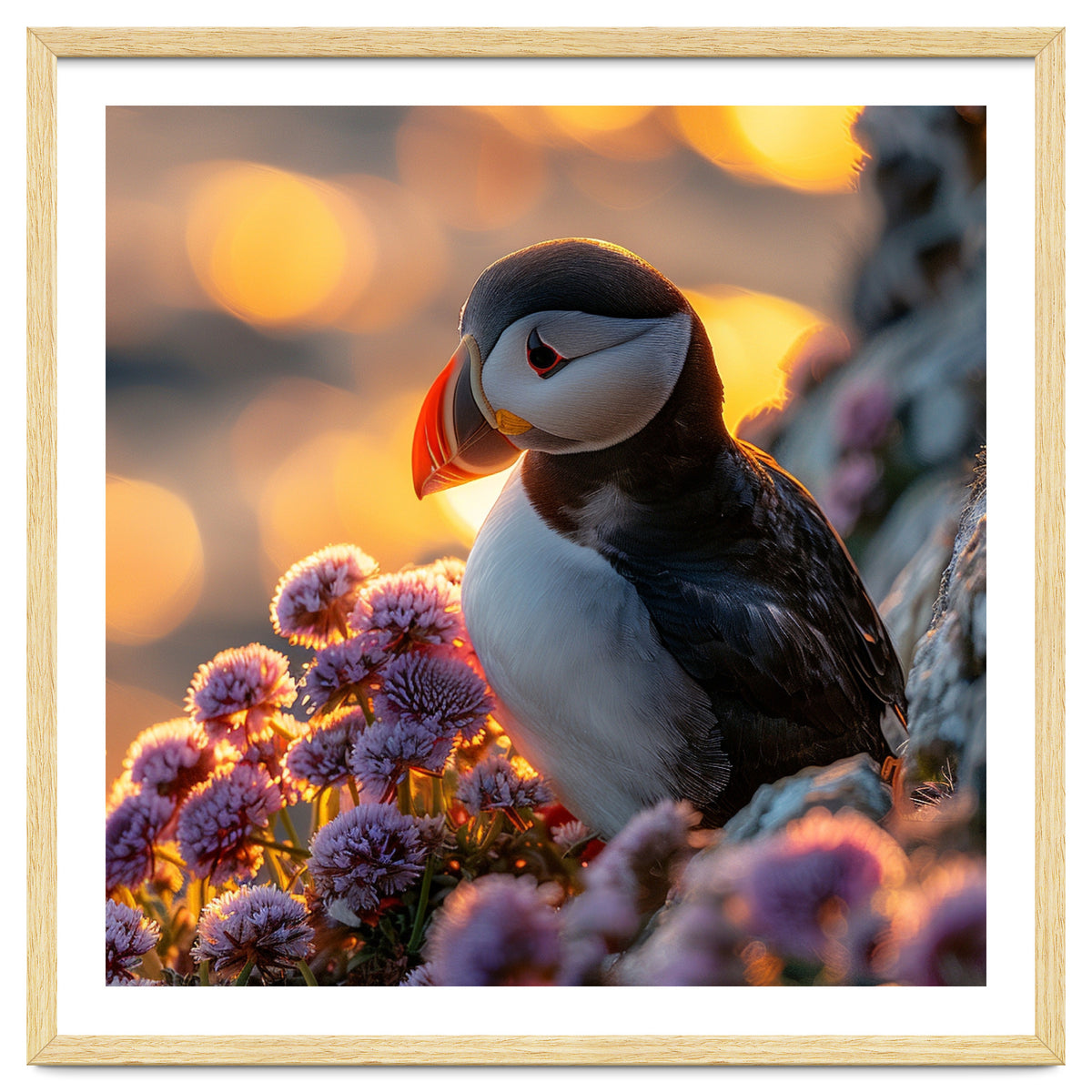 Puffin Bird Amidst Purple Flowers Golden Hour