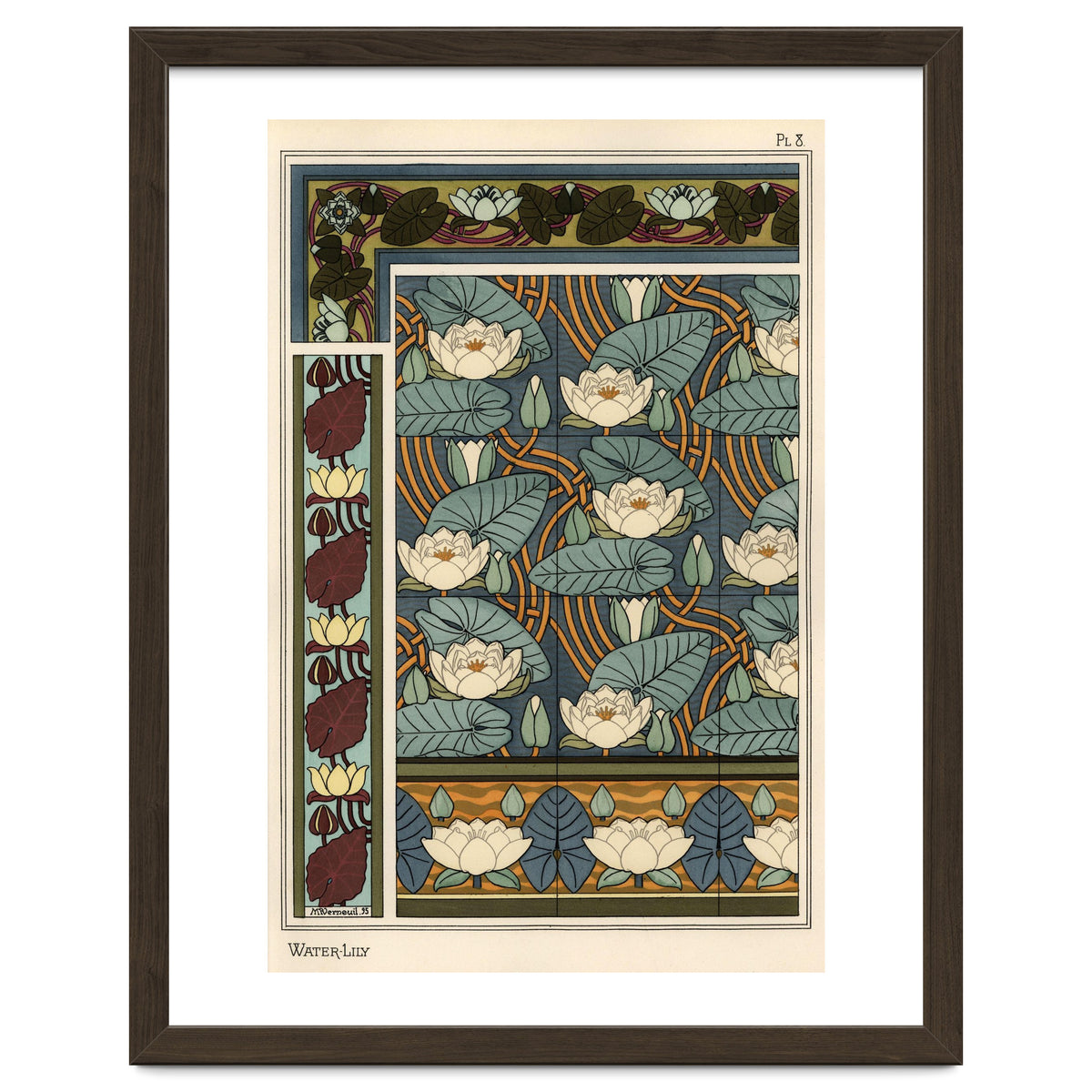 The water lily, Nelumbo lutea, in wallpaper and tile patterns. Lithograph by Verneuil.