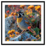 Bird Perched On A Rock With Flowers thumbnail