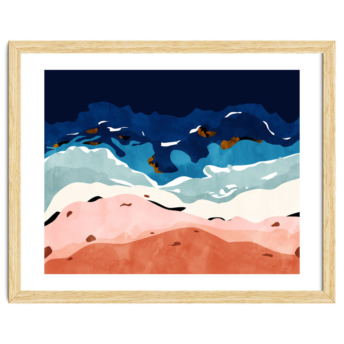 Ocean Heart, Abstract Sea Waves, Tropical Travel Watercolor Painting, Eclectic Bohemian Beach Nature