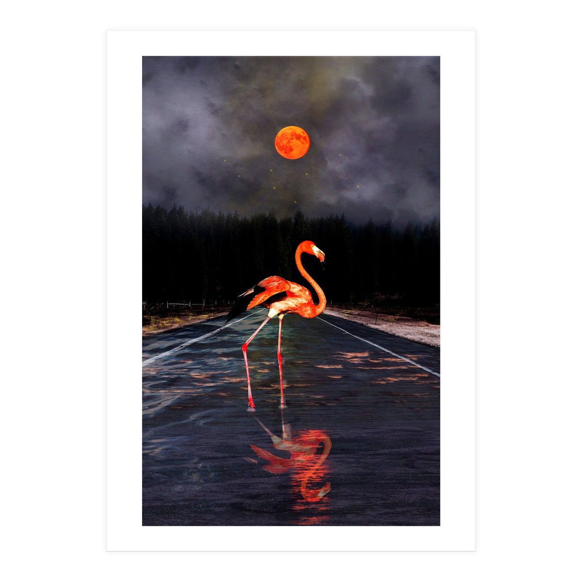 Flamingo and Red Moon  (Print Only)