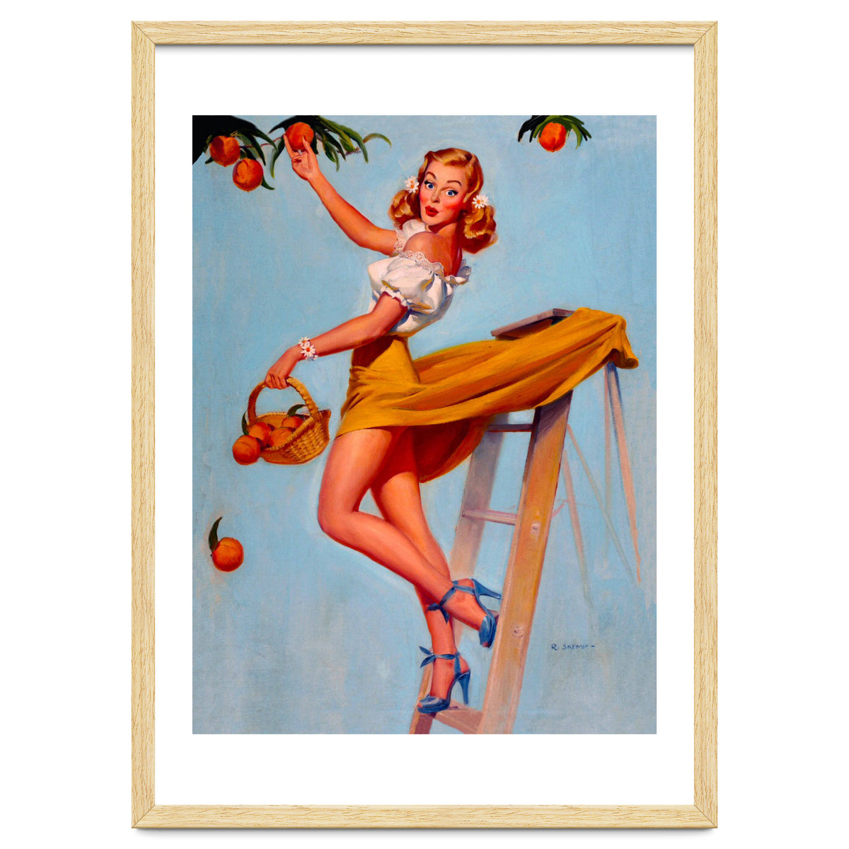 Pinup Sexy Woman Picking Oranges On A Tree Branch