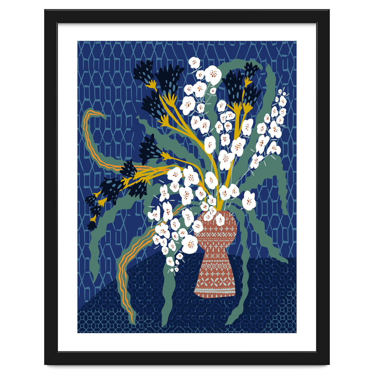 Floral contemporary still life dark blue