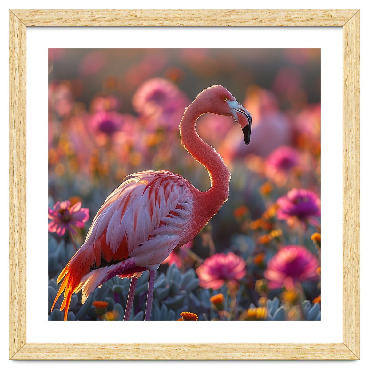 Pink Flamingo Standing In A Field Of Flowers