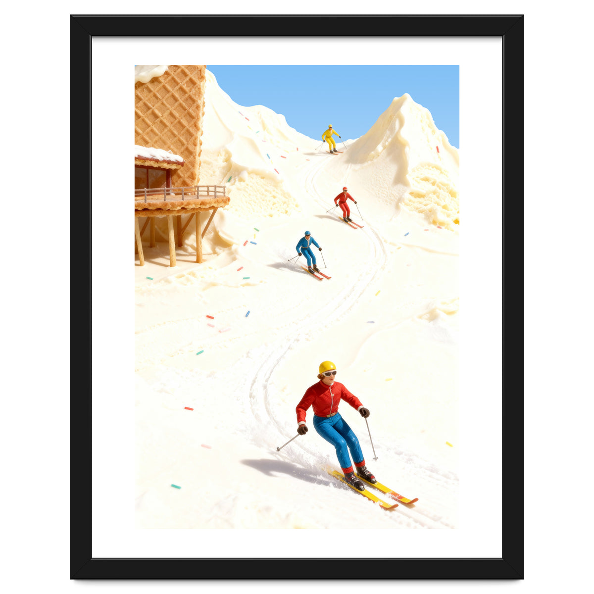 Skiing on Ice Cream Mountains, Miniature Skiers Winter Art Print for Kitchen Decor