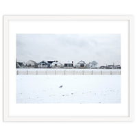 A seagull and snow covered houses