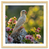 Albino Parrot Perched On A Rock Amongst Flowers thumbnail