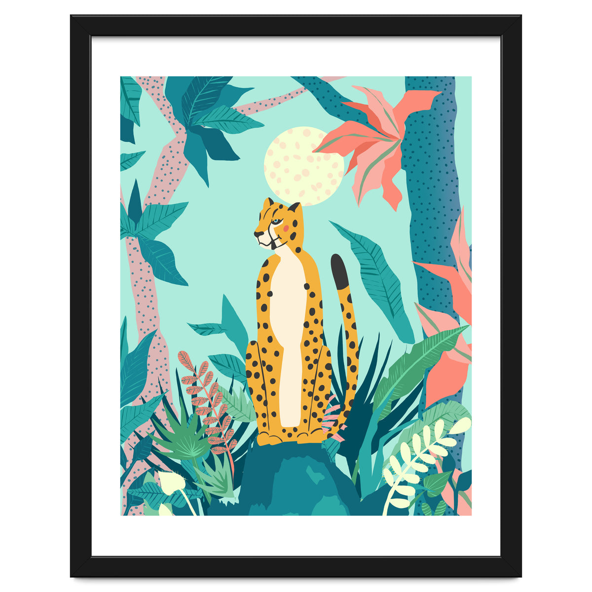 Leopard Forest, Pastel Tropical Jungle Nature Botanical, Moon Eclectic Colorful Wild Animals Boho