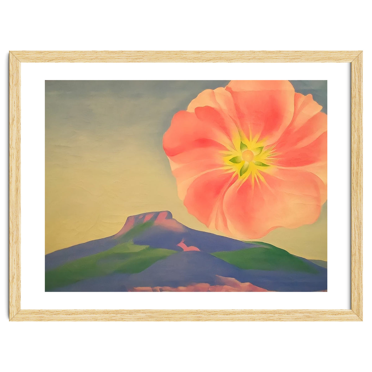 Georgia O’Keeffe – Hollyhock Pink with Pedernal (1937) | Vibrant Modernist Floral Landscape of New Mexico