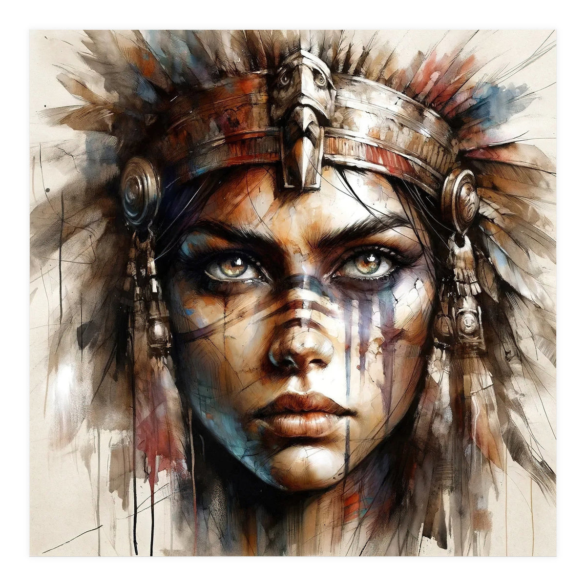 Regal Warrior Woman Watercolor Portrait (Print Only)