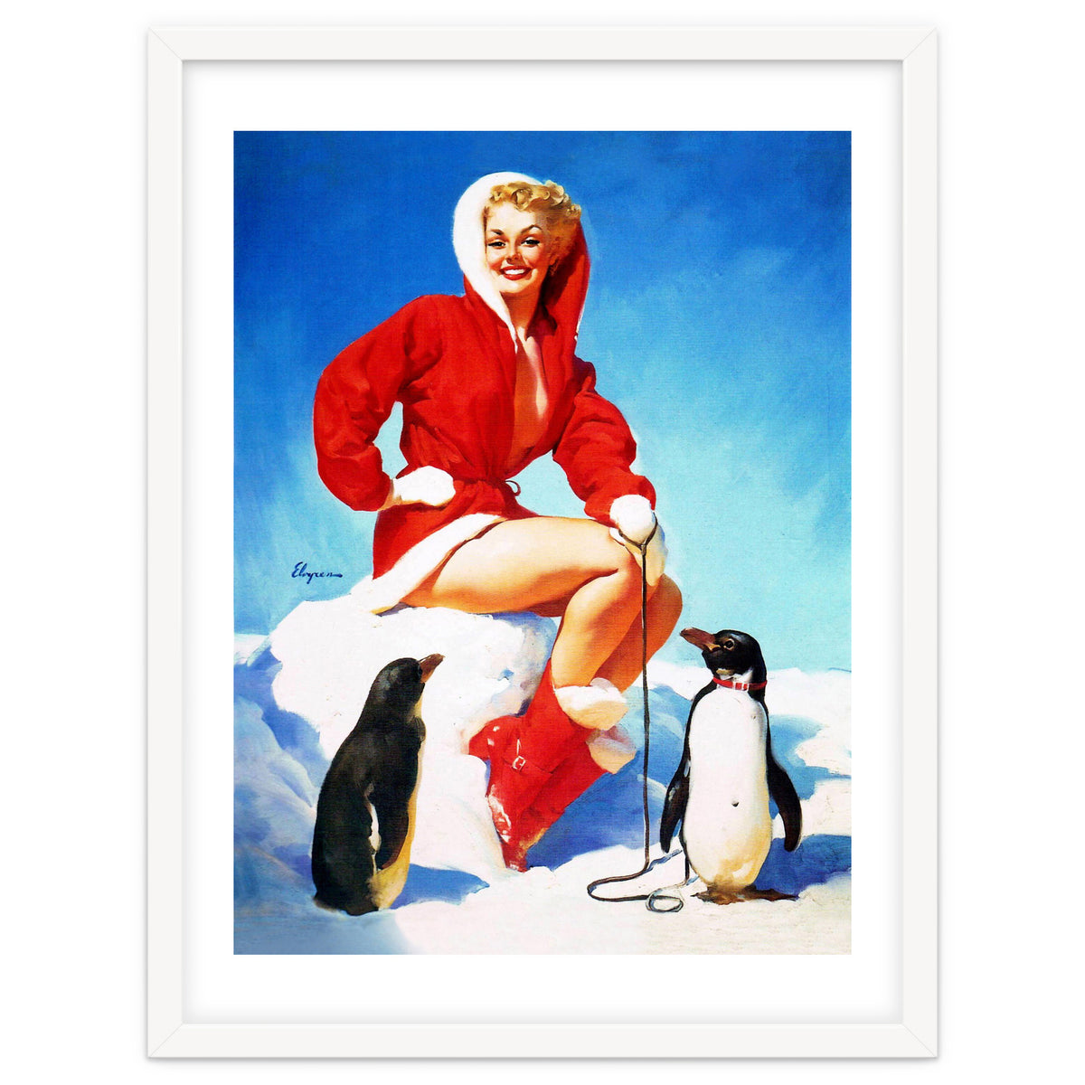 Pinup Sexy Woman Posing With Two Penguins
