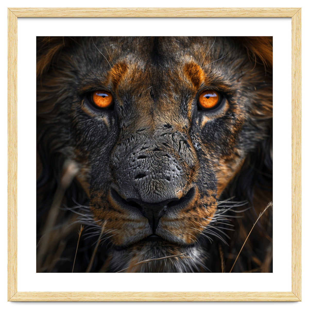 Majestic Lion Face Intense Orange Eyes Close Up