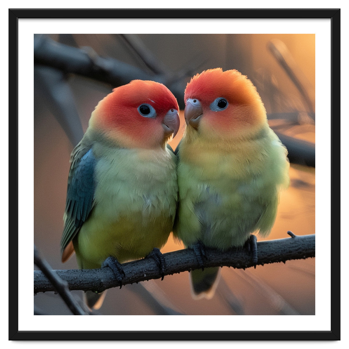 Two Lovebirds Perched On A Branch At Sunset