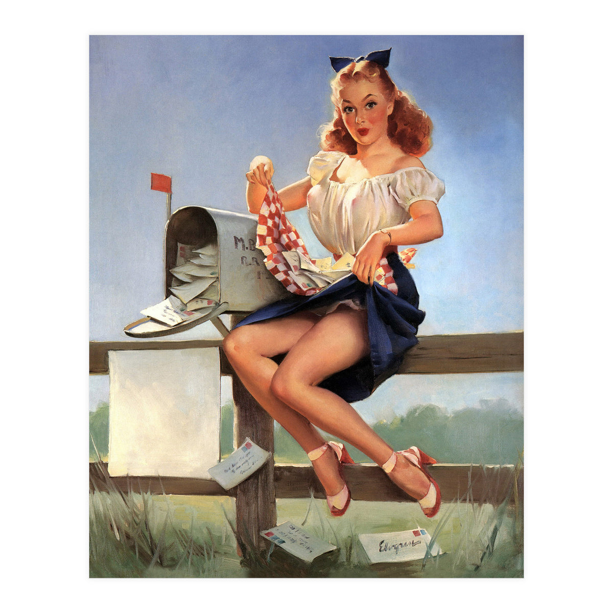 Countryside Pinup Girl Posing On A Fence With Love Letters And A Full Mailbox (Print Only)