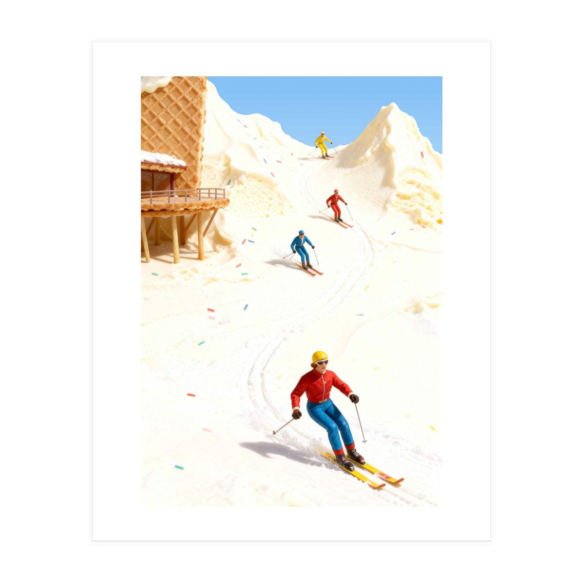 Skiing on Ice Cream Mountains, Miniature Skiers Winter Art Print for Kitchen Decor (Print Only)