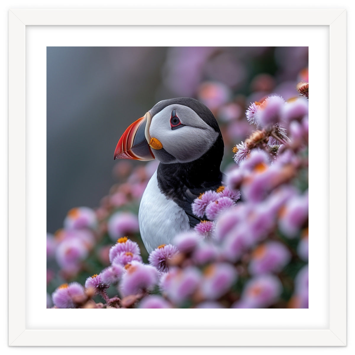 Atlantic Puffin Amidst Pink Heather Flowers