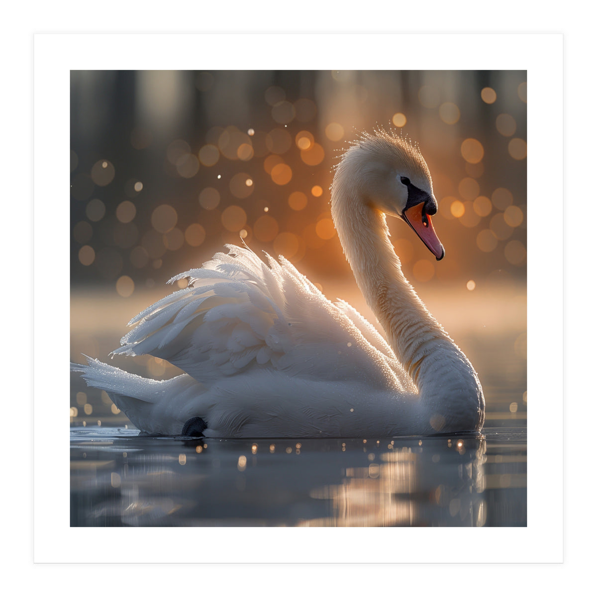 Majestic Swan Gliding On Water During Sunset Golden Hour Wildlife (Print Only)