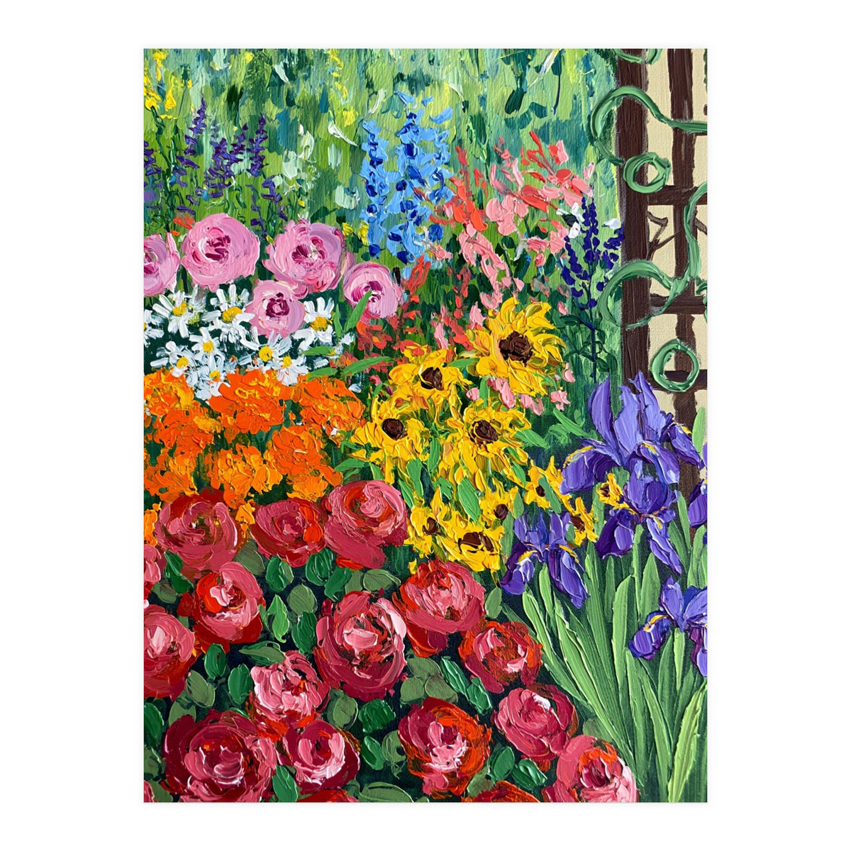 Vibrant Summer Cottage Garden Oil Painting (Print Only)