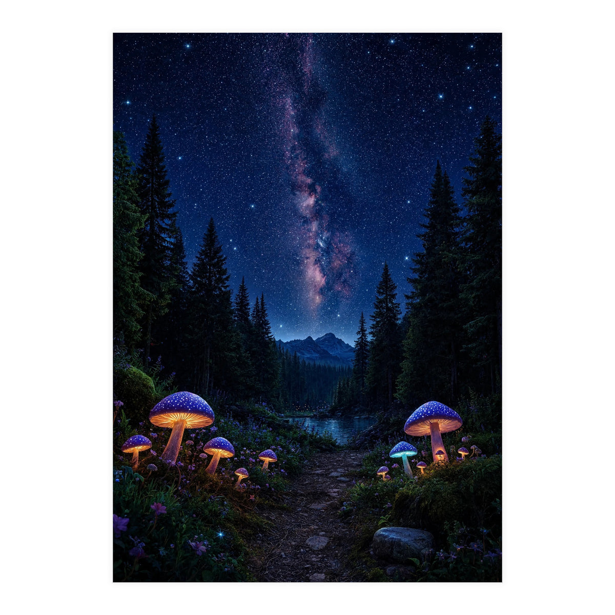 Enchanted Midnight Forest: Glowing Mushrooms and Milky Way (Print Only)