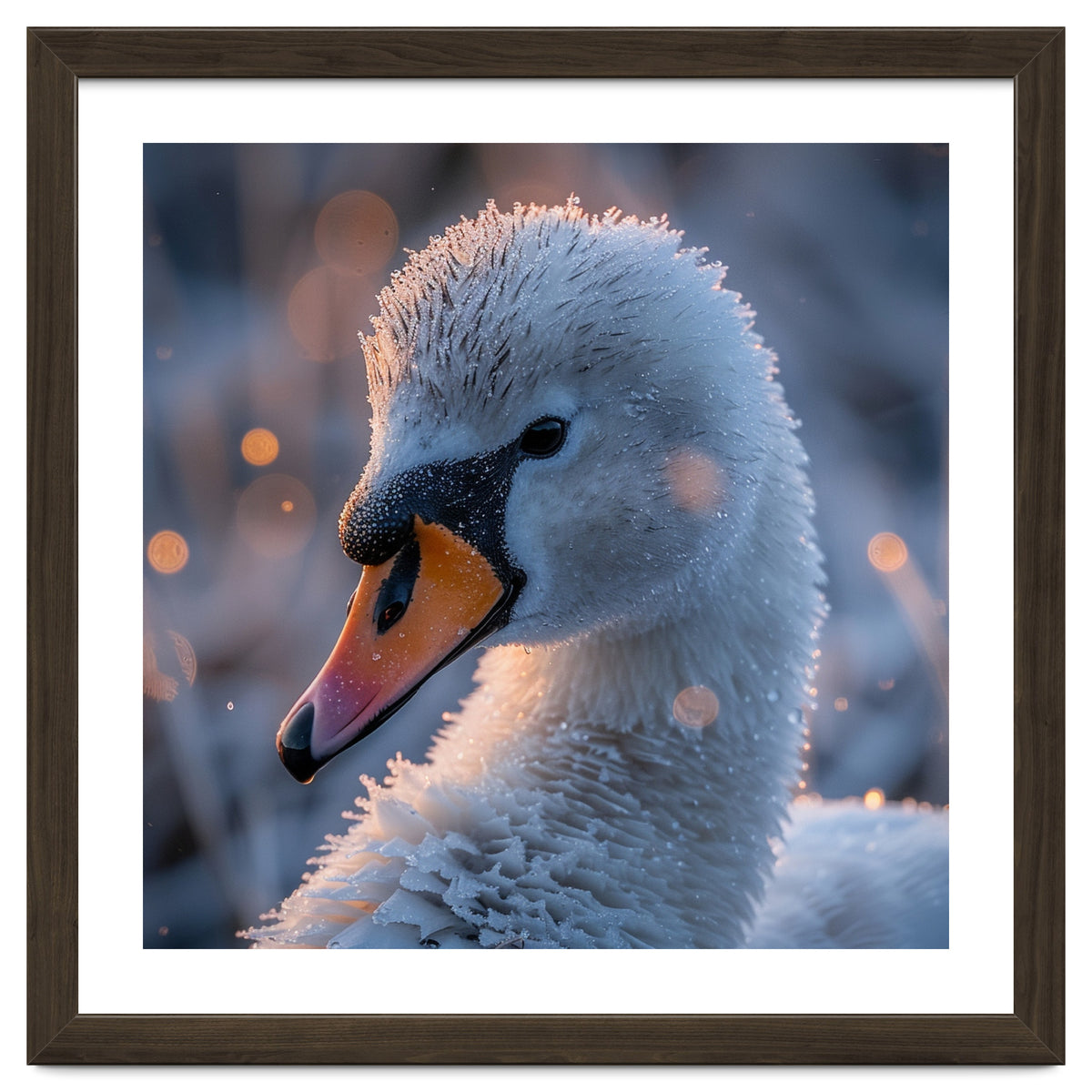 Close Up Frosty Swan Head During Golden Hour