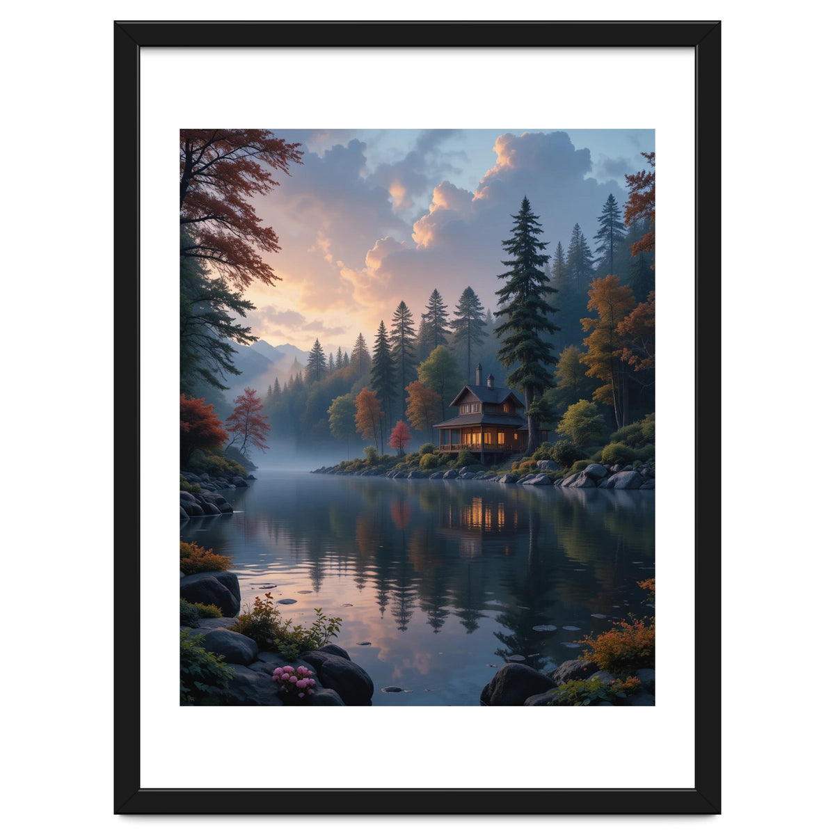 Serene Lakeside Retreat in Autumn Forest