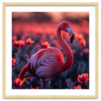 Pink Flamingo Bird Standing Among Flowers At Sunset