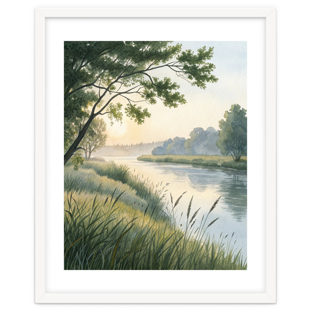 Serene River Sunrise Watercolor Painting with Meadow Grasses and Warm Golden Atmosphere Landscape