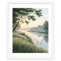 Serene River Sunrise Watercolor Painting with Meadow Grasses and Warm Golden Atmosphere Landscape