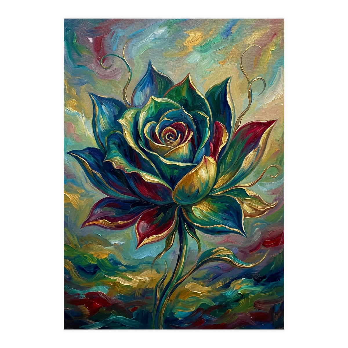 Enchanted Teal and Gold Rose Impasto Oil Painting (Print Only)